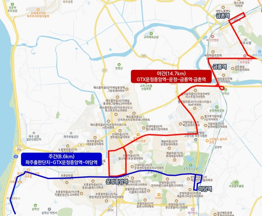 ▲ 파주시가 올 하반기에 도입하는 자율주행 자동차 운행 노선도 ⓒ파주시 제공