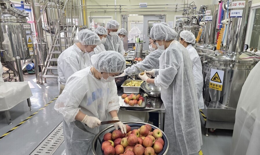 ▲ 보성군, 농산물 가공 창업 교육 ‘순항’ 공유 주방 관심 급증_농산물 가공창업 교육에서 사과 착즙 실습을 하고 있다.ⓒ보성군 제공