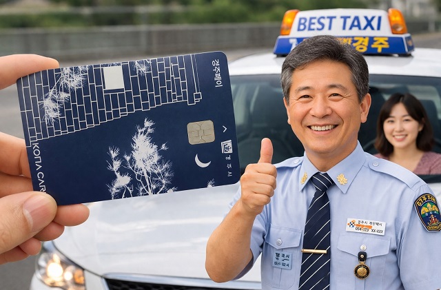 ▲ 경주페이 카드로 택시요금을 결제하는 모습과 함께 택시기사가 환하게 웃으며 엄지를 들어 보이고 있다.ⓒ경주시