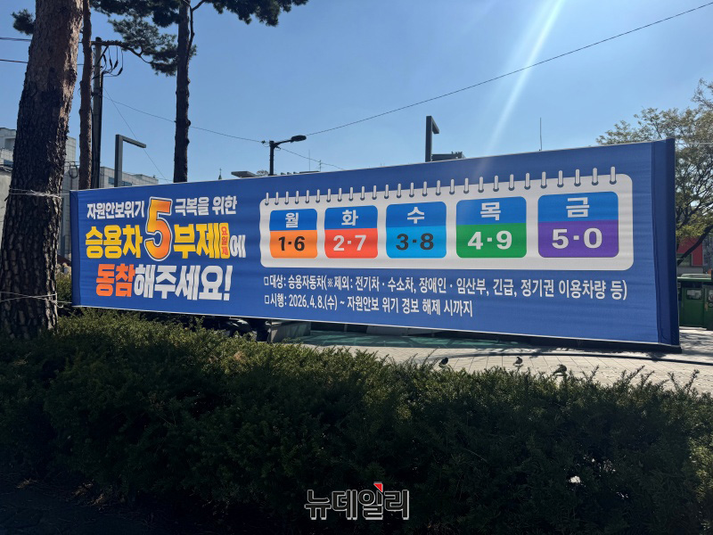 ▲ 8일 오전 서울 영등포구의 한 공영주차장에 '자원안보위기 극복을 위한 승용차 5부제'를 안내하는 현수막이 걸려 있다. ⓒ임찬웅 기자