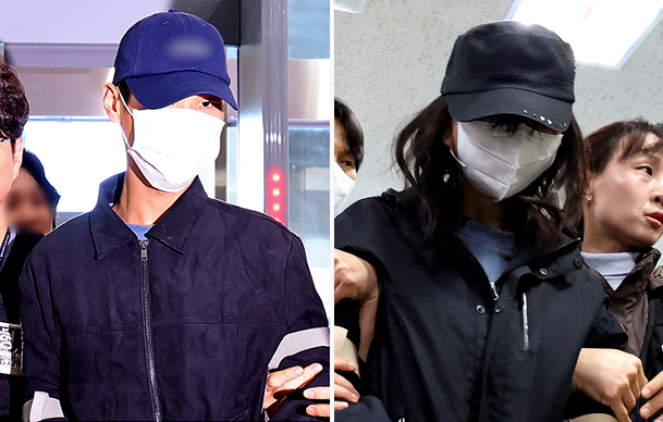 ▲ 장모를 무차별 폭행해 살해하고 시신을 여행용 가방에 담아 강물에 버린 혐의를 받는 20대 사위와 친딸이 지난 2일 대구 수성구 대구지방법원에서 열린 구속 전 피의자 심문(영장실질심사)에 출석하고 있다. ⓒ뉴시스