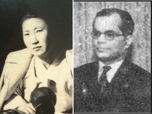 ▲ 여류시인 모윤숙과 유엔한국위원단 의장 메논.