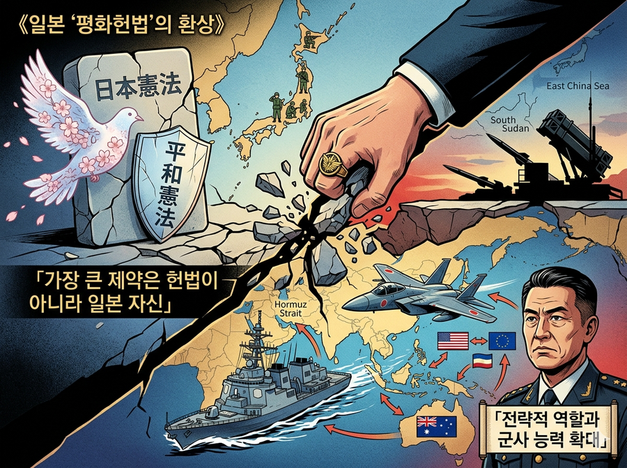 ▲ 사실상 군사강국인 일본이 명목상 족쇄로 작동 중인 헌법을 개정하려 하고 있다. 보통의 한국인들은 일본의《보통국가화》를《전전의 군국주의 부활》로 이해하는 경향이 있다. 본능적 거부감이다. 중국의 군사적 팽창-압박-행패는 애써 외면하면서 말이다. 국내 친중-반미-반일 좌파의 내러티브에 세뇌된 탓이다.  ⓒ 제미나이