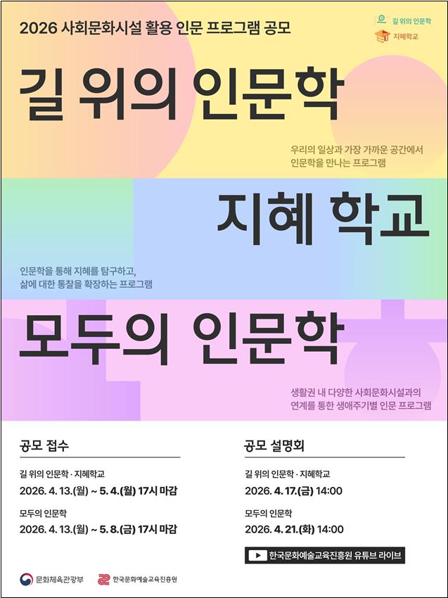 ▲ 2026년 사회문화시설 활용 인문 프로그램 공모 포스터.ⓒ문체부
