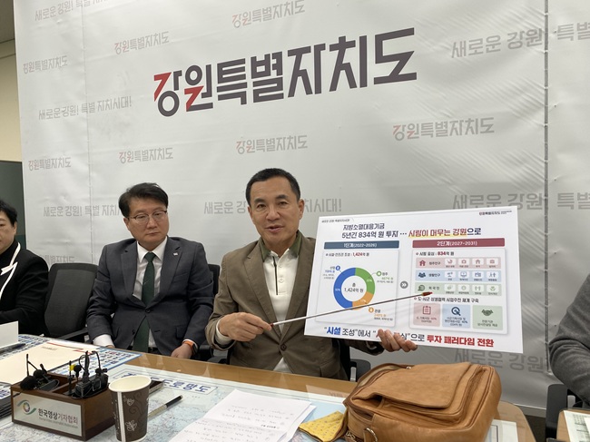 ▲ 김진태 지사가 13일 예비후보 등록을 하루 앞두고 기자실에서 가진 정례 미팅 모습. 사진 왼쪽이 여중협 행정부지사. ⓒ뉴데일리