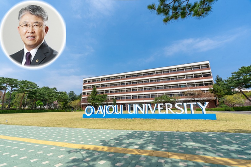 ▲ 아주대학교 율곡관 전경. 좌측 상단은 최기주 총장.ⓒ아주대