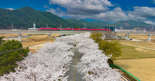 ▲ 동해선 철도가 보이는 울진 전경.ⓒ울진군