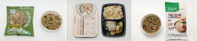 ▲ (왼쪽부터) 청정원 그레인보우 치킨&바질, 그리팅 연어콩크림 스테이크, 저당고단백 통곡물한끼 치킨브레스트ⓒ정상윤 기자