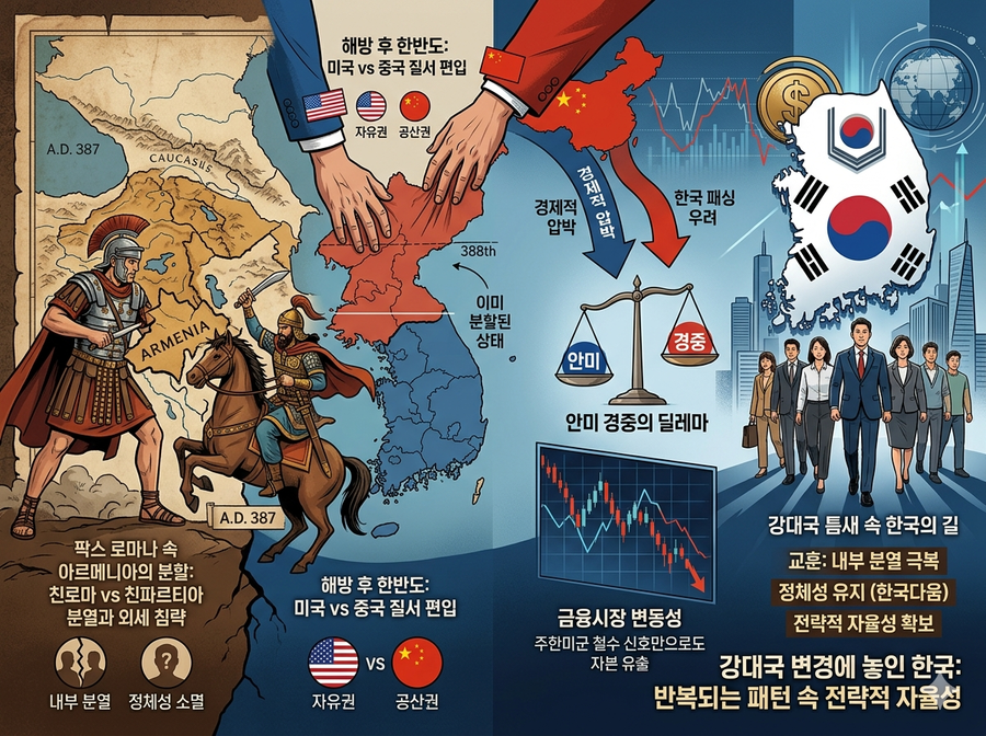 ▲ 대륙 끝자락에 붙어사는 우리의 숙명은? 고대부터 끝 없이 이어지는 중국의 속국화 작업이다. 대륙에서 불어오는 황사-미세먼지처럼 처낼 수 없는 운명이다. 
고대 그리스-로마 문명(해양)은 페르시아 문명(대륙)과 끝없이 충돌했다. 현대 해양 자유민주주의 문명의 선두 미국도 대륙 전체주의 우두머리 중국과 갈등하고 있다. 바다의 선두 미국은 땅의 수장 중국 제압을 위해 그 동맹 파트너 이란(페르시아)을 치고 있다. 
대륙 문명의 수괴 시진핑은 왕이 외교부장을 종-러의 똘마니 김정은에게 보내 진영 단속을 하고 있다. 이 와중에 이재명 대통령은 느닷없이 이스라엘과 유대인을 때렸다. 친이란-친중국-친대륙 본색을 드러낸 것. 대한민국에 불어닥칠 해양문명의 응징이 걱정된다. ⓒ 제미나이