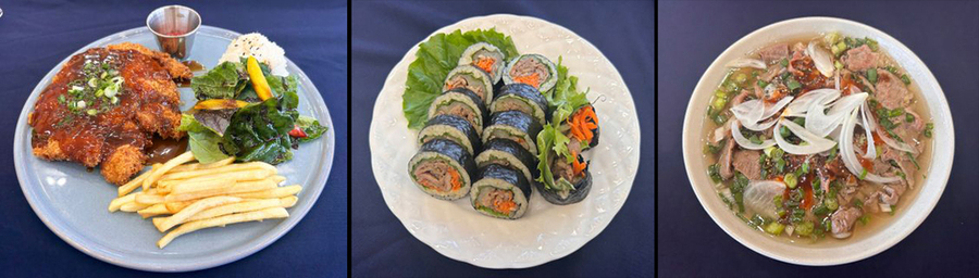 ▲ 보성군, ‘제49회 보성다향대축제’ 먹거리 시식회 개최_축제장 먹거리 부스 메뉴(녹차돈가스, 녹돈상추김밥, 녹차쌀국수)ⓒ보성군 제공