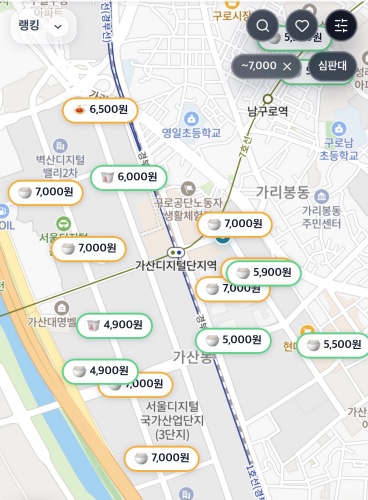 ▲ 거지맵 내 서울 가산디지털단지역 주변 가성비 식당 정보가 표시되어 있다. ⓒ거지맵 애플리케이션 캡쳐