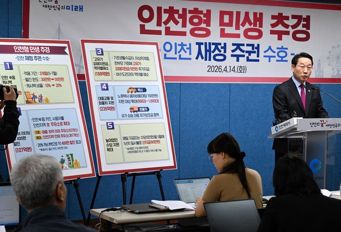 ▲ 유정복 인천시장이 14일 '인천형 민생체감 추경예산' 관련 기자회견을 하고 있다. ⓒ 인천시 제공