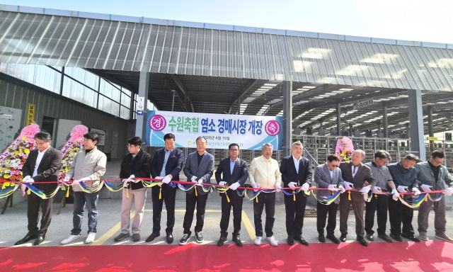 ▲ 15일 화성 스마트 전자경매시장에서 열린 염소 경매시장 개장식에서 장주익 수원축협 조합장을 비롯한 내빈들이 기념테잎을 자르고 있다. ⓒ수원축협 제공