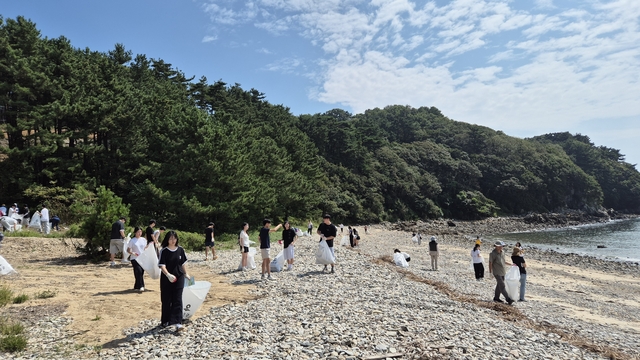 ▲ 인천시 관계자와 자원봉사자들이 옹진군 대이작도 해안가에서 정화활동을 하고 있다.  ⓒ인천시 제공