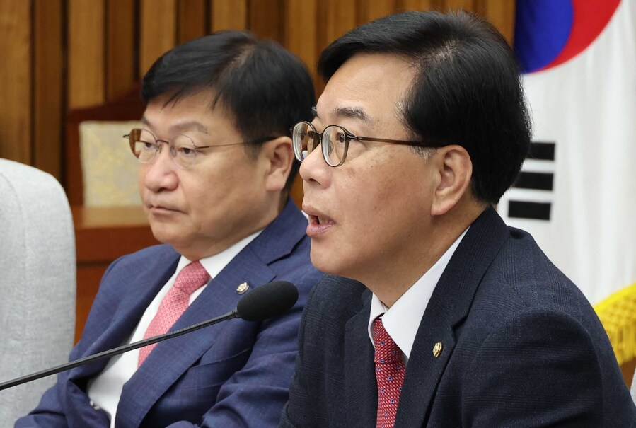 ▲ 송언석 국민의힘 원내대표가 17일 국회에서 열린 원내대책회의에서 발언을 하고 있다. ⓒ뉴시스