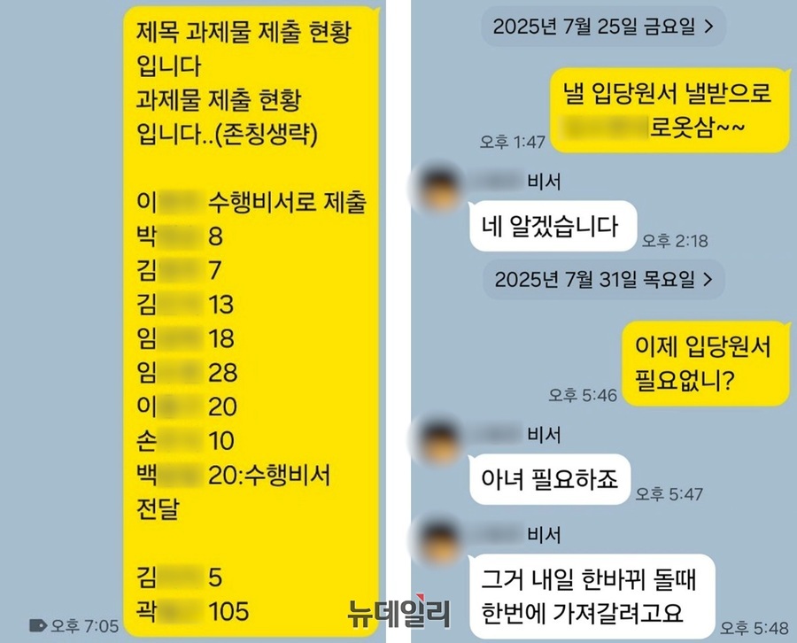 ▲ 입당원서 수거와 전달 정황이 담긴 단체대화방 화면 일부 ⓒ제보