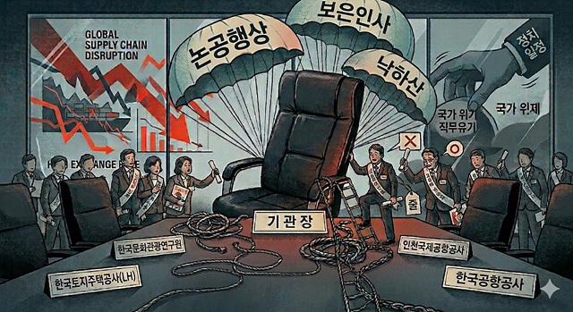 ▲ 대규모 공공기관장 공백 사태와 그로 인한 국정 운영 컨트롤타워의 흔들림, 그리고 낙하산 인사 우려라는 무거운 주제를 시각적으로 나타낸 AI 이미지. ⓒ제미나이