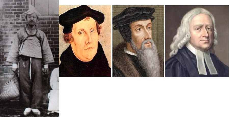 ▲ 종신죄수 이승만의 모습(왼쪽). 그가 감옥에서 만난 루터, 칼뱅, 웨슬레 (왼쪽부터). 기독교 회심을 체험한 이승만은 마르틴 루터의 종교개혁부터 장로교 칼뱅의 개혁주의, 감리교 창시자 웨슬레까지 신학연구에 돌입한다.