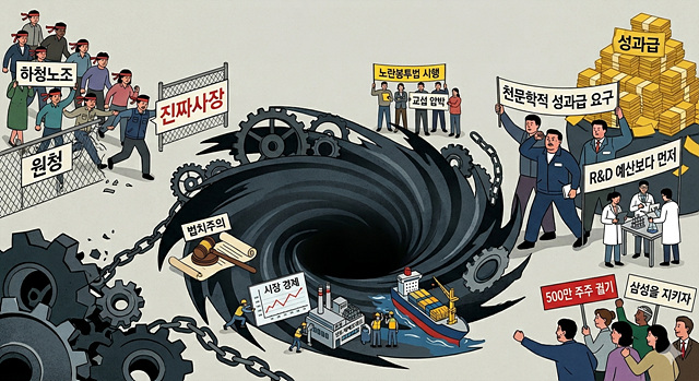 ▲ 대한민국 경제와 법치주의가 거대한 '노조 블랙홀'에 빨려 들어가는 모습을 나타낸 AI이미지. ⓒ제미나이