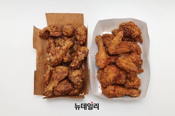 ▲ (왼쪽부터) 교촌치킨 '간장한마리', bhc '쏘이갈릭킹 오리지널'ⓒ정상윤 기자