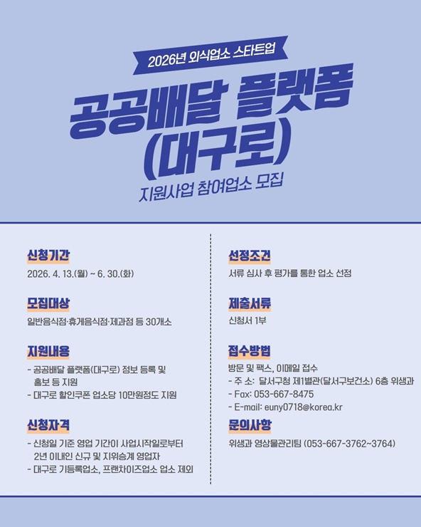 ▲ 달서구는 신규 외식업소의 조기 정착과 경영 안정화를 지원하기 위해 ‘2026년 외식업소 스타트업 공공배달 플랫폼 지원사업’을 추진한다.ⓒ달서구