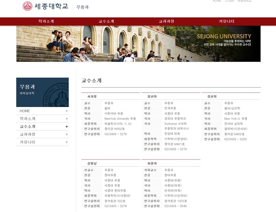 ▲ 세종대 옛 무용과 홈페이지 교수 소개란 캡처.ⓒ세종대 홈페이지