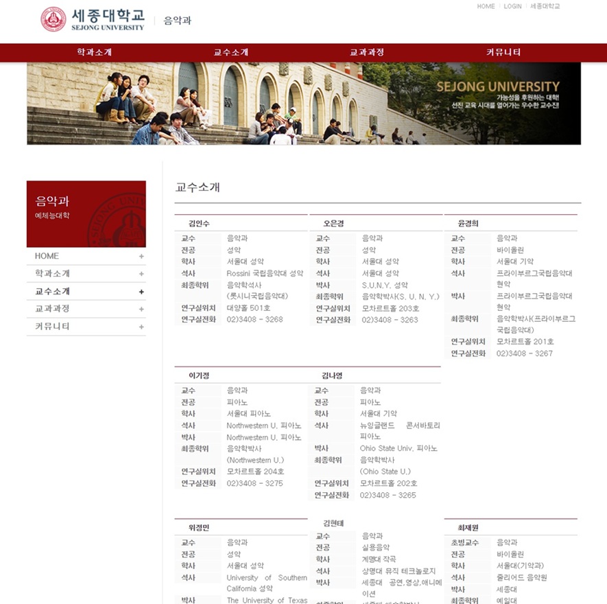 ▲ 세종대 음악과 옛 홈페이지 교수소개란 캡처. 일부 교수는 새 홈페이지에는 등록돼 있지 않다.ⓒ세종대