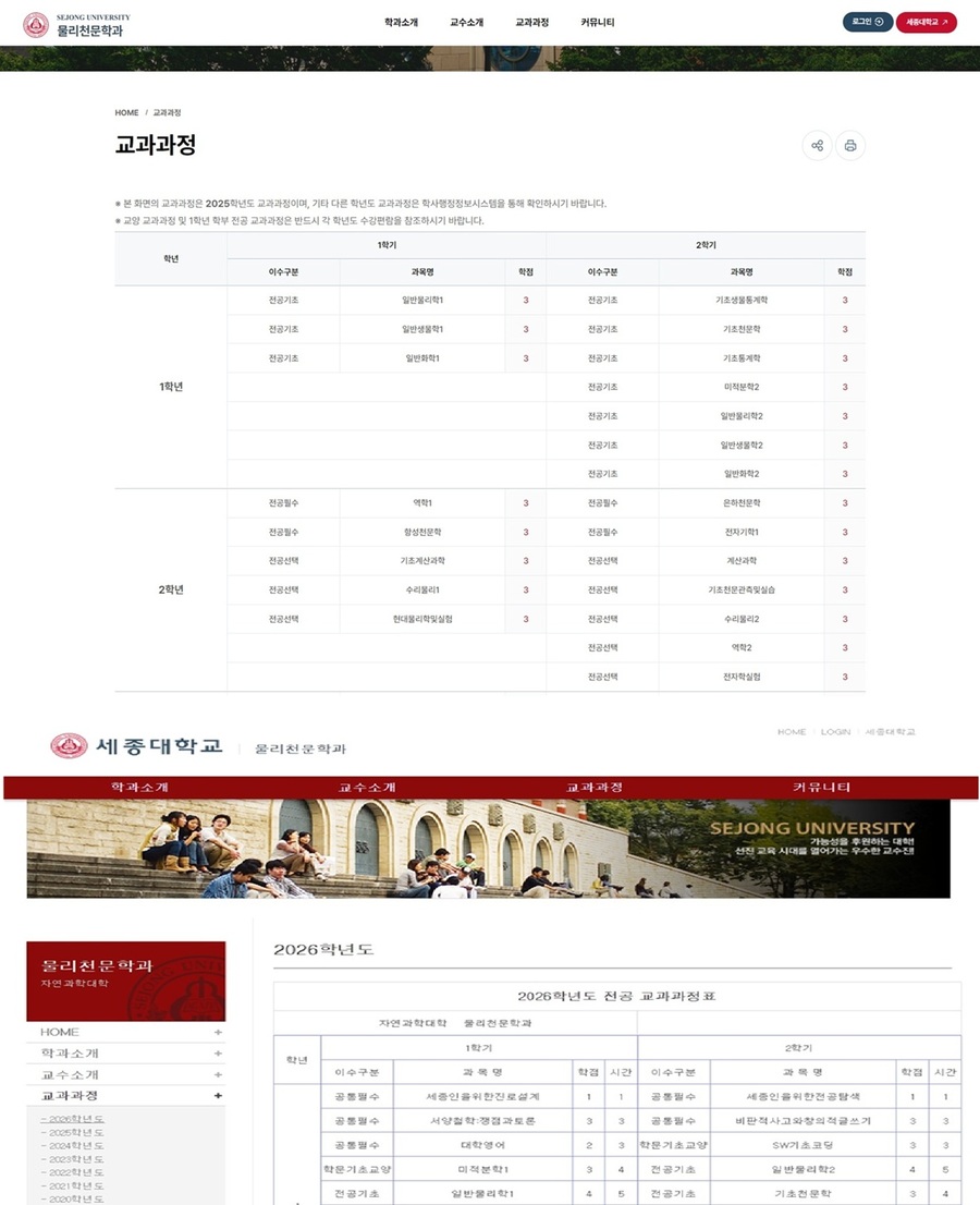 ▲ 세종대 자연과학대학 물리천문학과 홈페이지 캡처. 위쪽 새 홈페이지에는 2025학년도 교과과정이, 아래쪽 옛 홈페이지에는 2026학년도 교과과정이 각각 등록돼 있다.ⓒ세종대 홈페이지