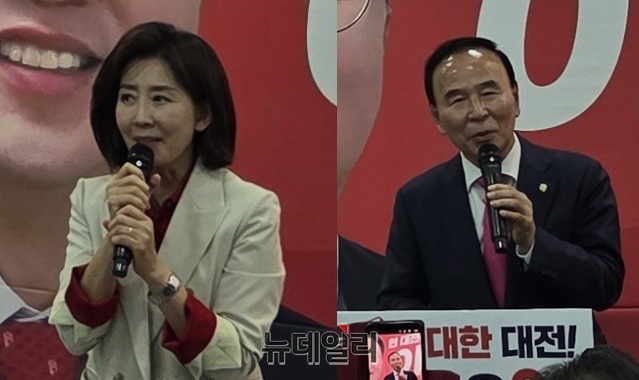 ▲ 나경원.박덕흠의원이 이장우 후보의 재선은 대전발전과 중앙전치 견제를동시에 이루는 선택임을 강조했다.ⓒ김경태기자