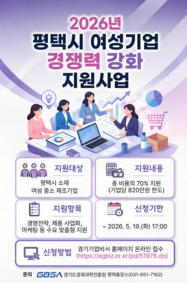 ▲ 2026년 평택시 여성기업 경쟁력 강화 지원사업 홍보 포스터. ⓒ경기도경제과학진흥원 제공