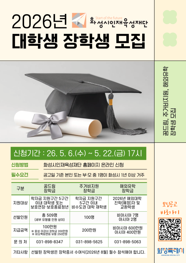▲ 대학생 장학생 모집 포스터ⓒ화성시인재육성재단 제공