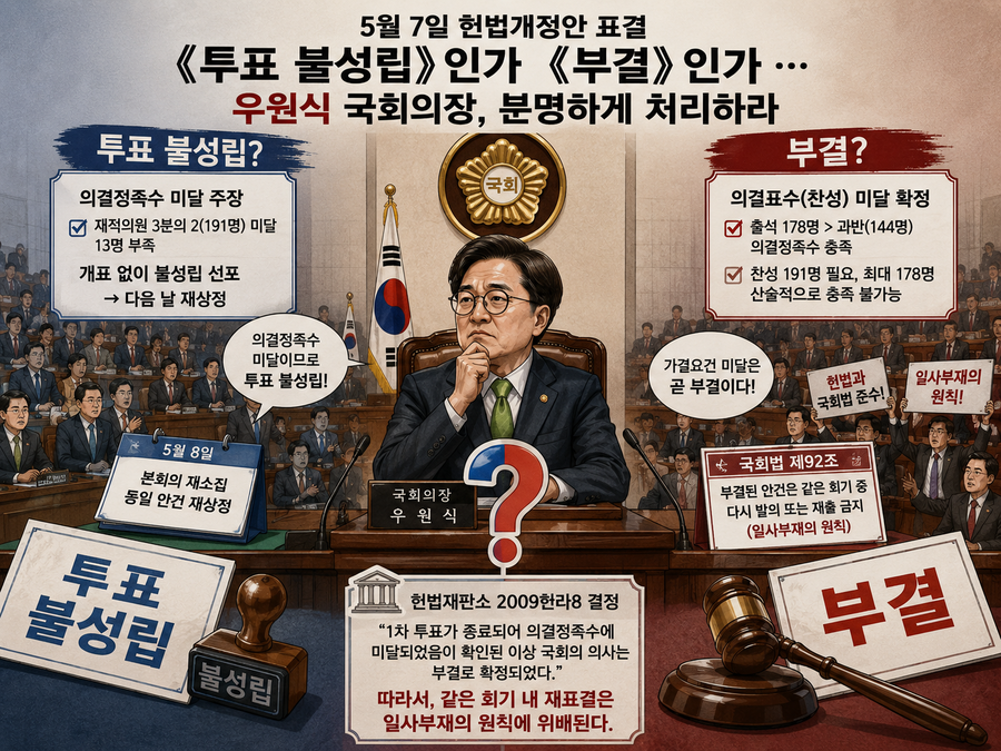 ▲ 우원식 국회의장은 헌법 해석 제대로 해야 한다. 투표불성립이 아니라 부결이다. 우물쭈물 핑계대지 말고 법대로 하라.ⓒ 챗 GPT