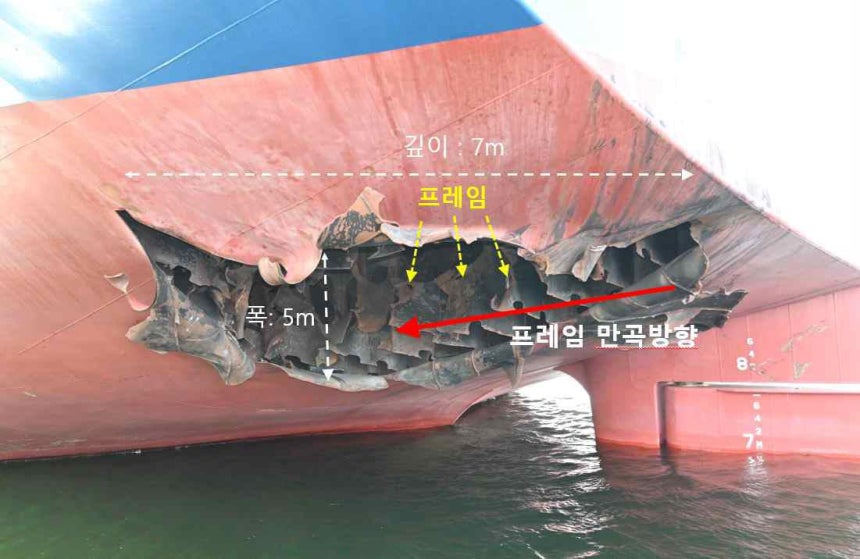 ▲ 지난 4일 호르무즈 해협에서 발생한 HMM 운용 화물선 나무호의 폭발·화재는 미상의 비행체 타격에 의한 것이라는 정부 합동 조사 결과가 10일 발표됐다. 비행체는 선미 좌현 평형수 탱크 외판을 약 1분 간격으로 두 차례 타격해 폭 5ｍ, 깊이 7ｍ의 파공을 남겼다. ⓒ외교부 제공