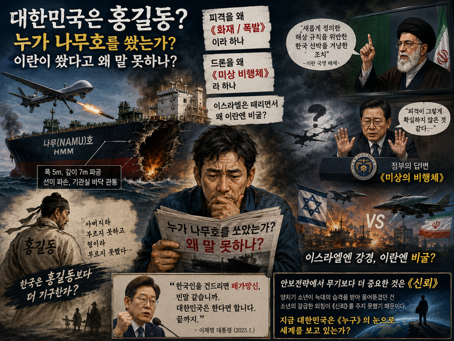 ▲ 누가 봐도 이란의 자폭드론 2대가 나무호를 때린 게 분명하다. 그런데 이재명 정부는 왜 홍길동 같은 신세를 스스로 처신하고 있을까? 