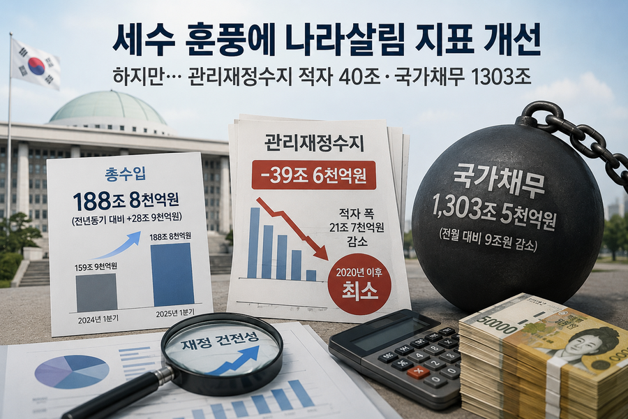 ▲ 세수 증가로 재정지표가 개선됐지만 관리재정수지 적자와 1300조원대 국가채무 부담은 여전하다는 내용의 AI이미지. ⓒ챗GPT