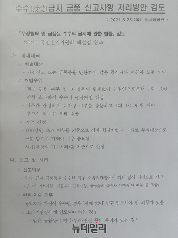 ▲ 서울 성동구청 감사팀이 감사담당관 명의로 2021년 8월 26일자 생성한 '수수 금지 금품 신고사항 처리방안 검토' 보고서. ⓒ뉴데일리 DB