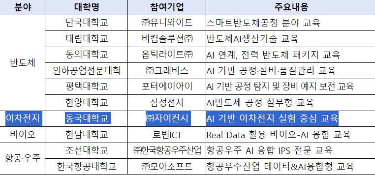 ▲ 2026년 AI 융합과정 지원대학 선정 결과.ⓒ교육부