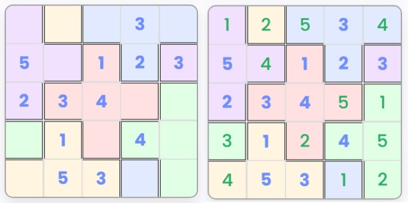 ▲ (왼쪽)게임 예시. 색깔별로 1~5를 넣고, 가로세로에도 1~5가 한 번씩 나타나야 한다. (오른쪽)게임 답안.ⓒ서강대