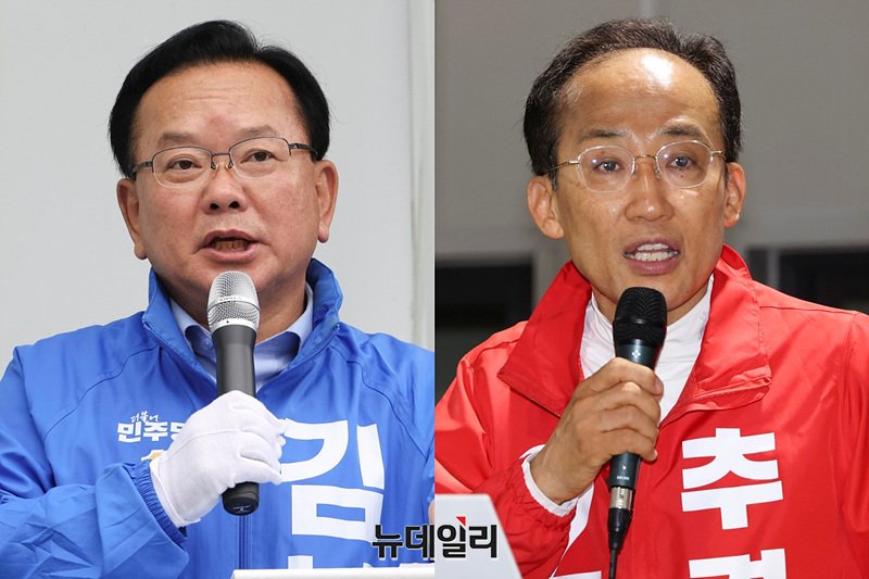 ▲ 김부겸 더불어민주당 대구시장 후보(왼쪽), 추경호 국민의힘 후보가 6.3 지방선거 공식 선거운동 첫째 날인 지난 21일 대구 지역 유세장에서 각각 지지 호소를 하는 모습. ⓒ서성진 기자