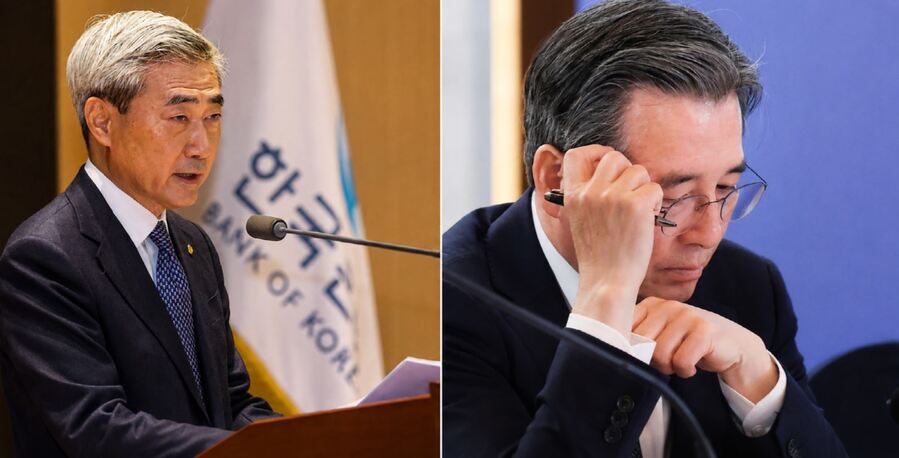 ▲ 왼쪽부터 신현송 한은 총재, 김용범 청와대 정책실장 ⓒ연합