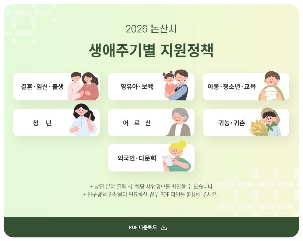 ▲ 홈페이지 생애주기별 콘텐츠 화면.ⓒ논산시