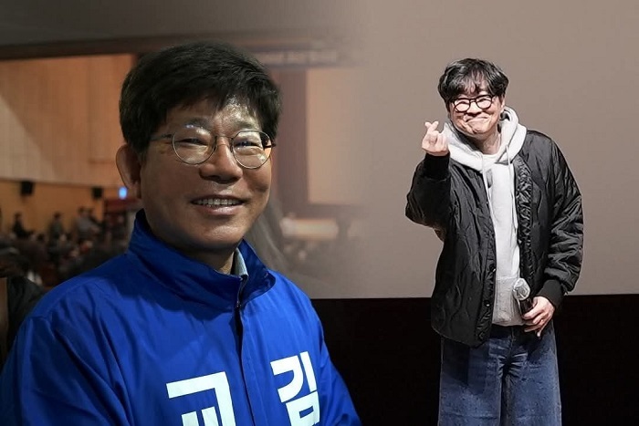▲ 김성근 충북교육감 후보가 장항준 감독의 손가락 하트 사진과 자신의 사진을 합성, 페북에 올렸다가 내린 사진.ⓒ윤건영 후보 캠프 제공