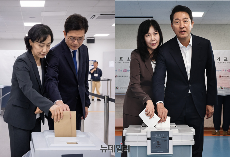 ▲ 정원오 더불어민주당 서울시장 후보와 오세훈 국민의힘 서울시장 후보가 29일 사전투표에 참여하고 있다. ⓒ뉴데일리DB