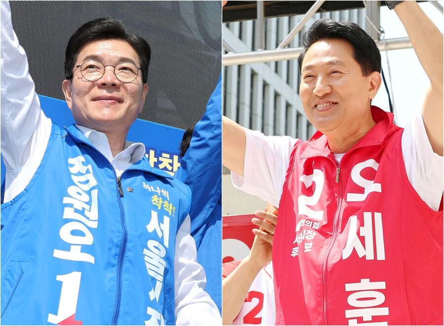 ▲ 지난 23일 정원오 더불어민주당 서울시장 후보가 서울 서대문구 홍제동 일대에서(사진 왼쪽), 오세훈 국민의힘 서울시장 후보가 강서구 발산역 인근 광장에서(사진 오른쪽) 유세하고 있다. ⓒ연합뉴스