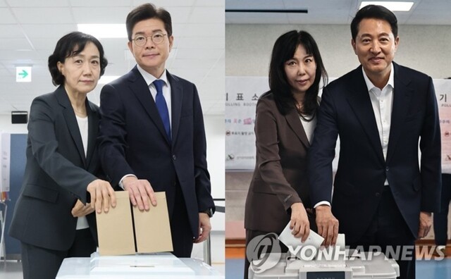 ▲ 제9회 전국동시지방선거 사전투표일인 29일 서울 중구 소공동 행정복합청사에 마련된 제9회 전국동시지방선거 사전투표소에서 투표하는 더불어민주당 정원오 서울시장 후보(왼쪽)·문혜정 여사와 서울 용산구 한남동 주민센터에 마련된 사전투표소에서 투표하는 국민의힘 오세훈 서울시장 후보·송현옥 여사.  ⓒ연합뉴스
