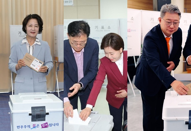 ▲ 더불어민주당 추미애·국민의힘 양향자·개혁신당 조응천 경기도지사 후보가 29일 각각 사전투표에 참여하고 있다. ⓒ각 선거캠프 제공