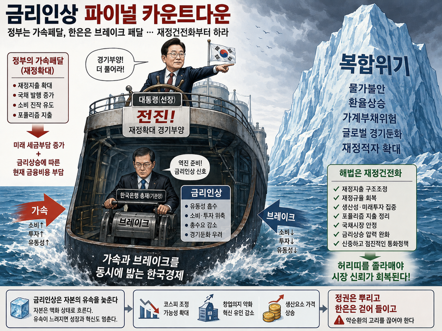 ▲ 표와 지지도만 좇는 이재명 정권의 자기모순적 경제정책. 대한민국호에 타이타닉호의 비극적 악운이 엄습하고 있는 건가? ⓒ 챗GPT