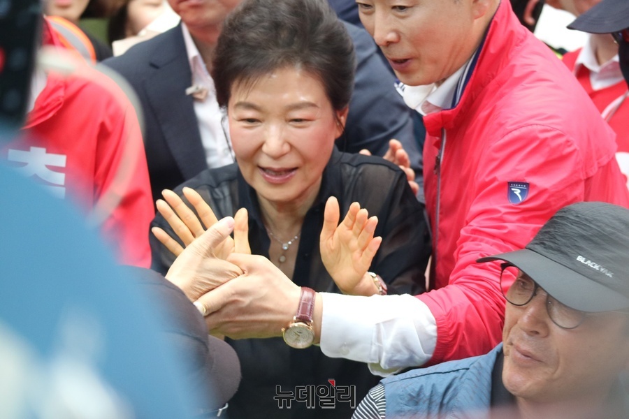 ▲ 박 전 대통령은 대구, 부산, 충청, 강원 등을 다니며 많은 인파들과 악수를 나눠 손이 불편한 관계로 손바닥을 마주치며 인사를 나눴다.ⓒ뉴데일리