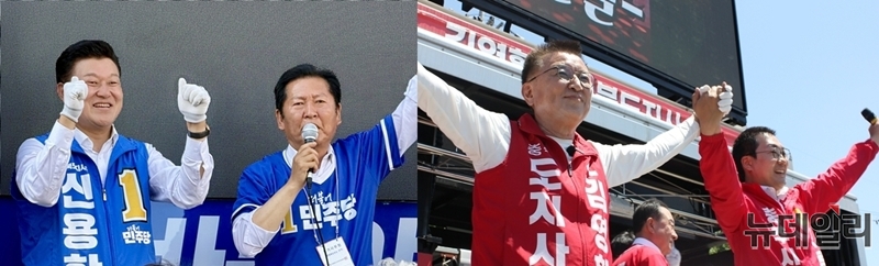 ▲ 6·3 지방선거를 사흘 앞둔 31일 신용한 더불어민주당 충북지사 후보(왼쪽)와 김영환 국민의힘 충북지사 후보가 충북 전역에서 막판 주말 유세를 펼치고 있다. ⓒ각 후보 캠프