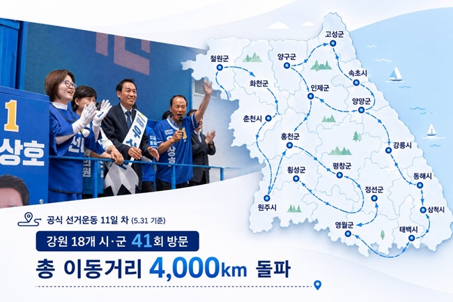 ▲ 우상호 후보측은 31일까지 강원 전역을 누비며 총 4000여km를 이동한 것으로 집계됐다고 밝혔다. ⓒ우상호 후보 캠프 제공